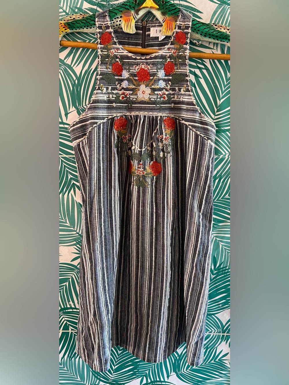 THML Navy and White Striped Mini Dress with Red Floral Embroidery Sz S Bohemian